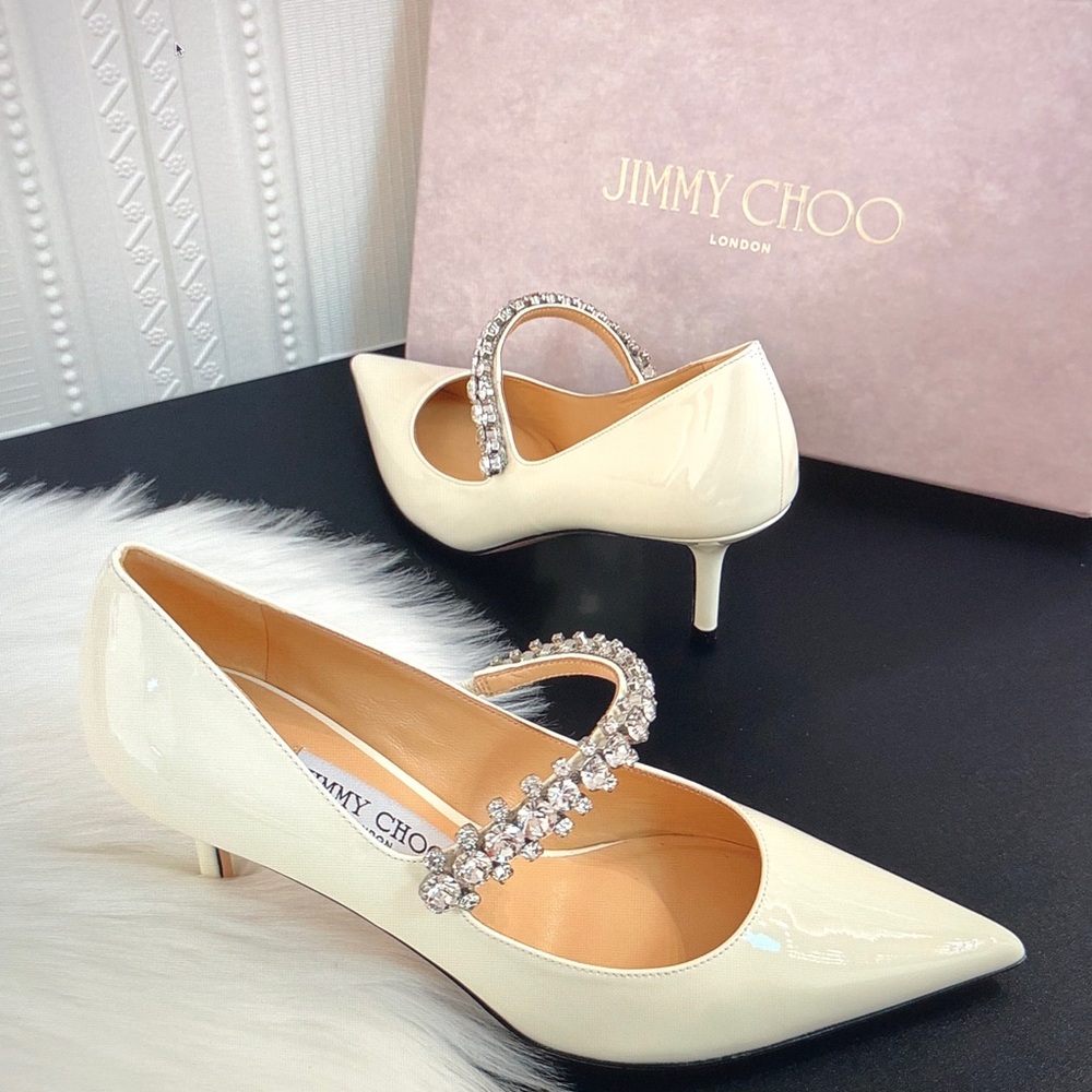 Jimmy Choo Off-White Bing Pumps 85 Heels with Crystal Strap - Picture 9 of 9